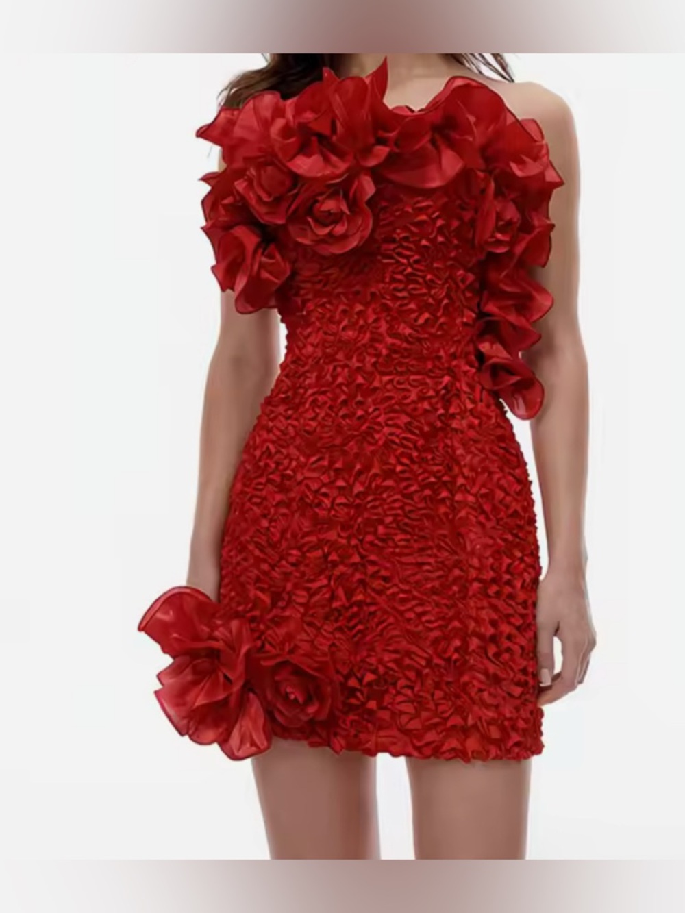 NEW $325 Si Sia Red Floral Appliqué Mini Dress One Shoulder Statement Cocktail